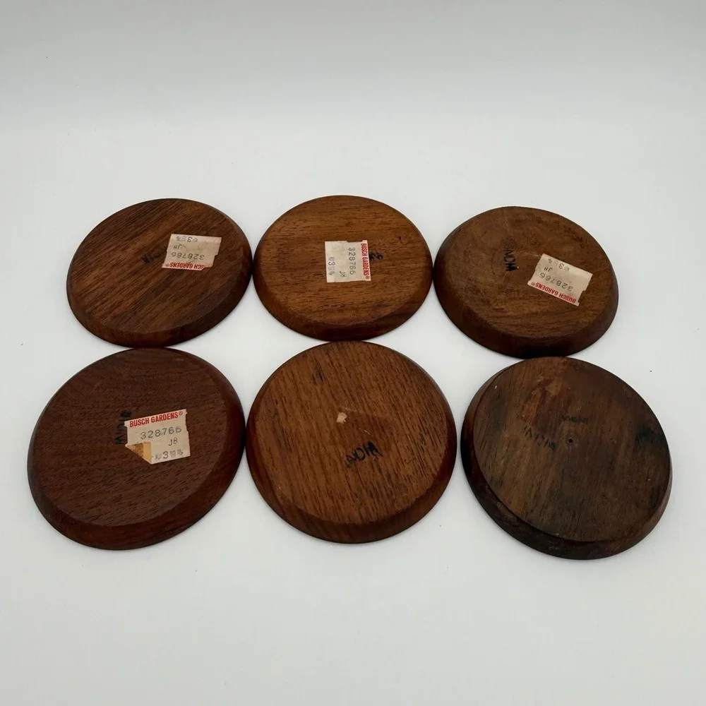 Vintage Busch Gardens Hand-Carved Bone Inlay Wood Coaster Set - 6 Floral